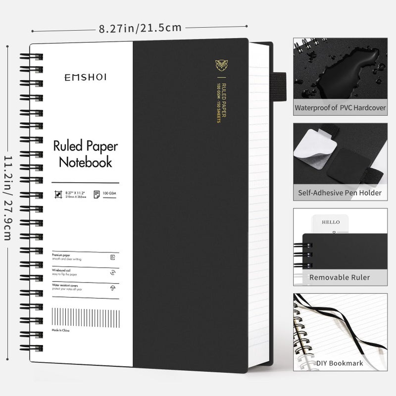 EMSHOI A4 Spiral Notebook Lined Journal, 11.2"" X 8.27"", 300 Pages/150 Sheets, 100gsm Thick Paper, Waterproof Softcover, Twin-Wire Binding, for School Work Writing Note Taking-Black - Image 2